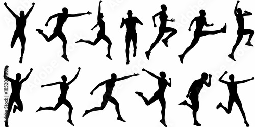 Silhouettes of people in dynamic poses running jumping and active movement
