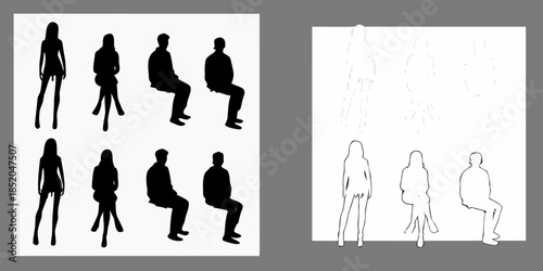 Silhouettes of people in various seated and standing poses sketched forms displayed