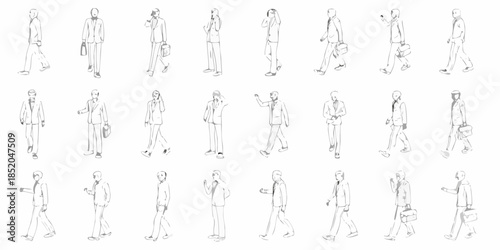 A collection of sketched figures in business attire walking and standing