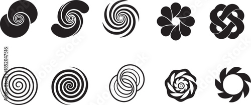 Black and white abstract vector icons, flower and symbols with circular and floral patterns