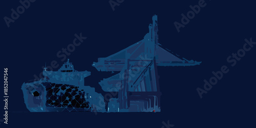 Dark blue illustration of a ship and a harbor crane structure