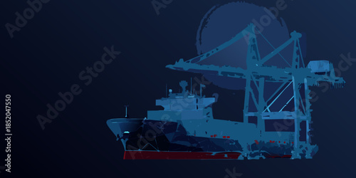 Dark silhouette of a ship and crane against a large blue moon