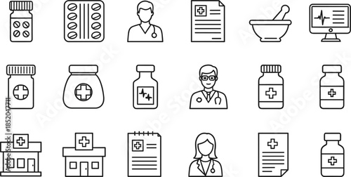 Medical and healthcare outline icons set with doctors medicines hospital documents and treatment tools, clean line vector illustration