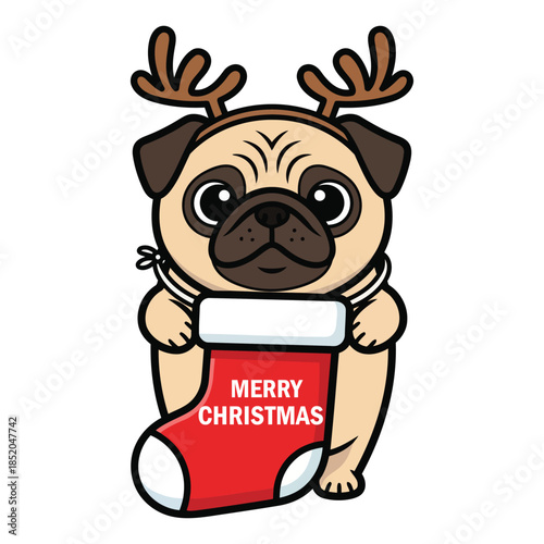 Cute Pug Dog Holding Christmas Stocking Wearing Reindeer Antlers