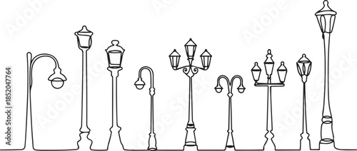 continuous one line drawing set of vintage street lampposts.one line  vector illustration  with out background