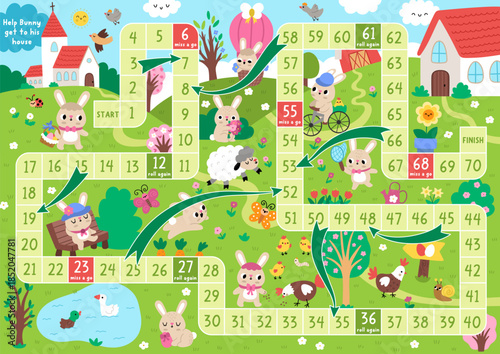 Easter village board game for children with rural country scene and bunny going home with egg basket. Funny boardgame with church, animals, chicks. Spring holiday printable activity, worksheet