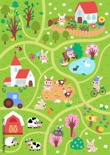 Vector Easter village map. Rural nature detailed scene with church, bunny, colored eggs, animals, house with carrots and garden, blooming trees, chicks. Spring holiday landscape background for kids