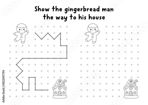 Christmas or New Year drawing, writing, tracing, space orientation activity for kids with gingerbread man, house. Draw lines in box according example. Winter holiday printable game, puzzle