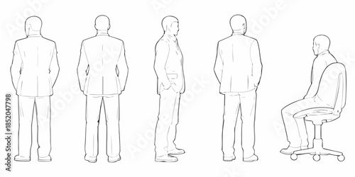 Sketch of male figures in suits and a rolling office chair