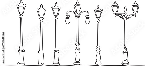 continuous one line drawing set of vintage street lampposts.one line  vector illustration  with out background
