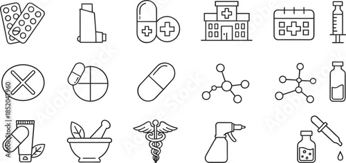 Medical and healthcare outline icons set with pills hospital laboratory symbols and treatment equipment, clean line vector illustration