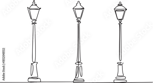 continuous one line drawing set of vintage street lampposts.one line  vector illustration  with out background