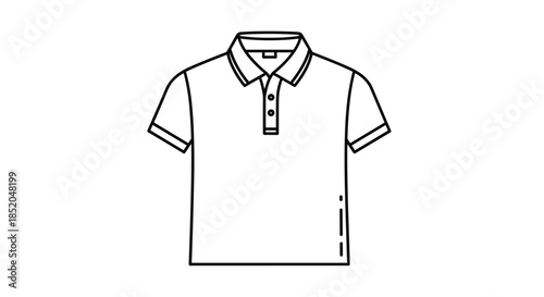 Simple black and white line art drawing of a classic short sleeved polo shirt with a collar and two buttons for fashion design.