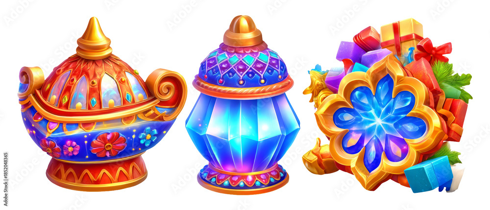 Fototapeta premium Colorful Seasonal Holiday Lights with Decorative Lanterns and Gift Arrangements