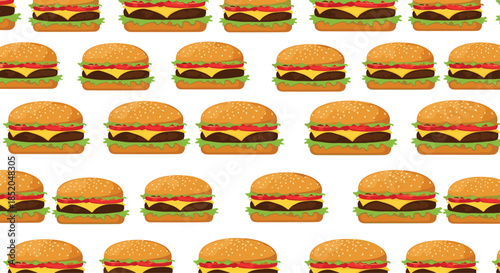 Delicious fast food seamless pattern featuring many repeated illustrations of juicy cheeseburgers with lettuce and tomatoes.