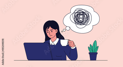 Stressed young woman sitting at a desk with a coffee cup and a laptop showing a thought bubble filled with tangled messy lines.
