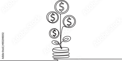 Money plant in One Continuous line drawing. Growing coin tree symbol and finance investment increase concept.one line  vector illustration  with out background