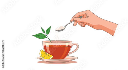 Human hand pouring sugar from a spoon into a cup of hot tea with a lemon slice and fresh tea leaves on a white background.