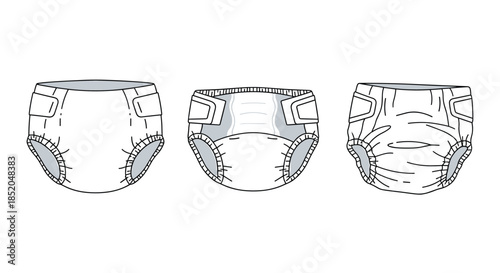 Technical drawing showing three different views of a white baby diaper with adjustable tabs and gathered leg openings for comfort.