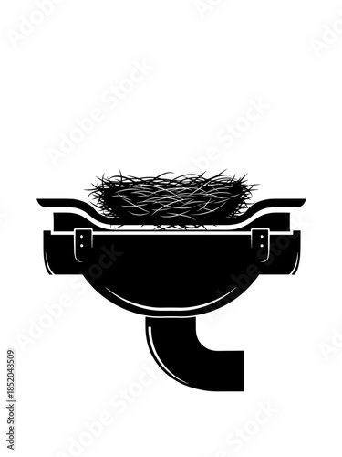 Bird nest in a drainpipe on a roof with a transparent background