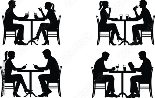 PrintCafe conversation silhouette illustration, people sitting table vector graphic, social interaction design outline icon, modern lifestyle sketch art, communication pattern set