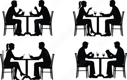 PrintDining silhouette illustration, people eating drinking vector graphic, social interaction design outline icon, restaurant lifestyle sketch art, communication pattern set