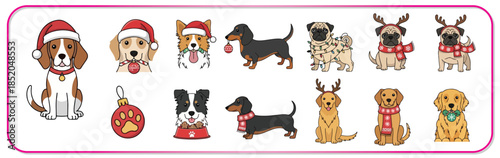 Adorable dogs in festive Christmas hats and scarves celebrating holiday