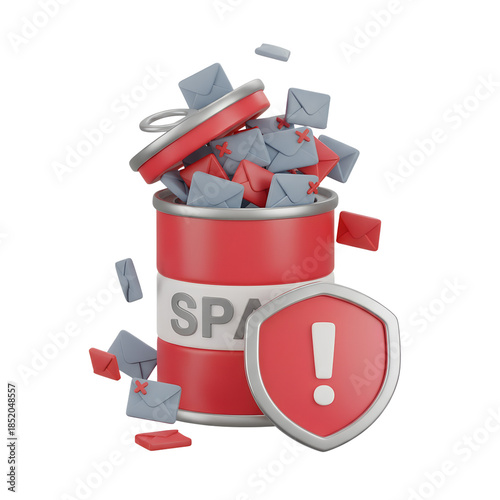 3d illustration of a trash can full of junk mail and spam envelopes, symbolizing email filtering, cybersecurity, and digital inbox management