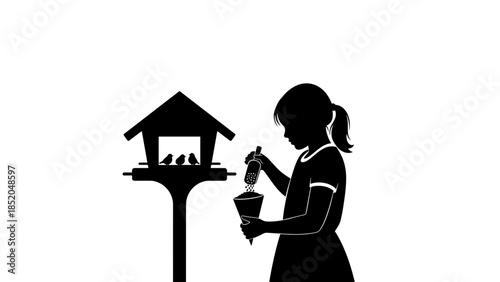 Girl feeding birds at a birdhouse on a transparent background  