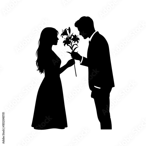 An Elegant Silhouette of a Young Woman Receiving a Flower from Her Partner