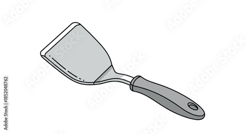 Simple grey kitchen spatula with a black handle for cooking and flipping food shown on a plain white background.