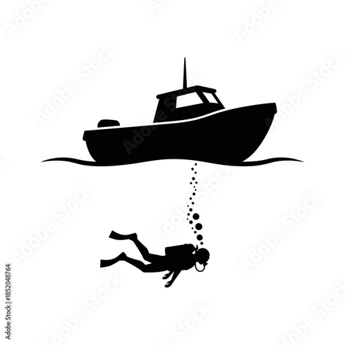Diving Boat with Diver Descending Sharp Black Vector Silhouette Minimalist