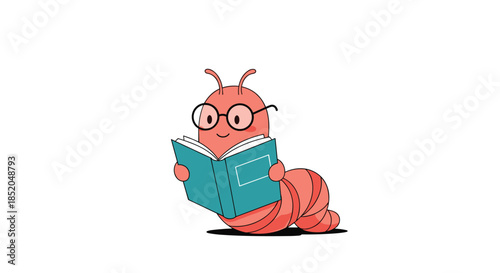Cute red bookworm character wearing round glasses and reading a turquoise book against a white background with a small shadow.