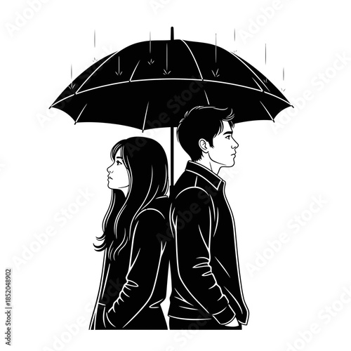 Pensive Silhouette of a Young Couple Reflecting Under an Open Umbrella