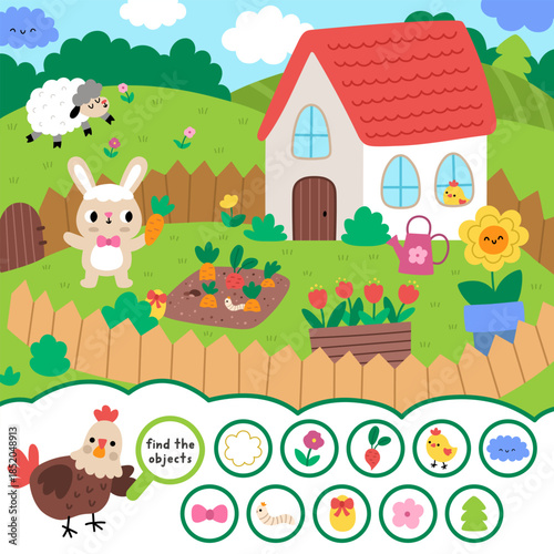 Vector searching game with Easter village landscape. Spot hidden objects. Seek and find printable activity for kids. Spring holiday worksheet with bunny growing carrots in his garden