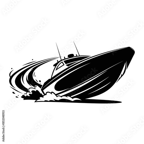 Offshore Powerboat in High-Speed Turn Sharp Black Vector Silhouette