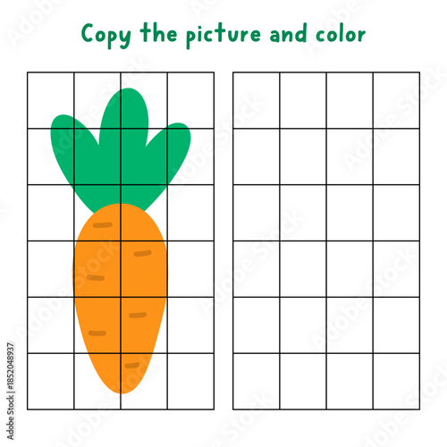 Copy the picture and color. Draw a carrot. Vector square Easter drawing and coloring practice worksheet. Printable spring holiday activity for kids