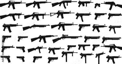 PrintFirearm silhouette illustration collection, assault rifle shotgun pistol vector graphic, military weapon design outline icon, tactical security sketch art, defense pattern set