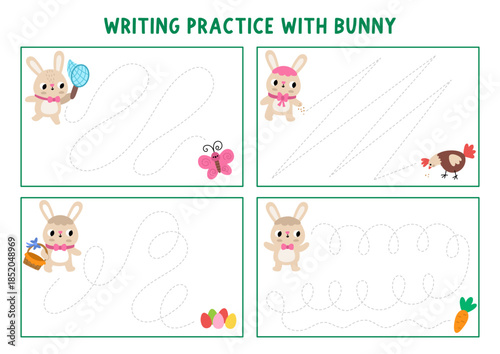 Vector Easter handwriting practice worksheet with cute bunny going to eggs, butterfly, hen, carrot. Preschool drawing printable activity. Spring holiday tracing game for writing skills with rabbit