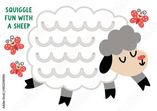 Vector Easter handwriting practice worksheet shaped as sheep with squiggles for wool pattern. Preschool drawing printable activity. Spring holiday tracing game with farm animal