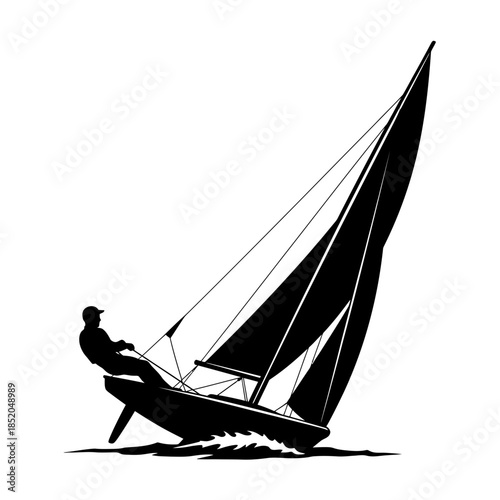 Sailing Dinghy Heeled Over in Strong Wind Sharp Black Vector Silhouette