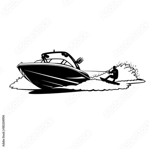 Wakeboard Boat Pulling a Rider Sharp Black Vector Silhouette Dynamic Design