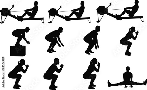 PrintFitness exercise silhouette illustration, rowing machine workout vector, squat jump design outline icon, stretching training sketch graphic, gym sport lifestyle art