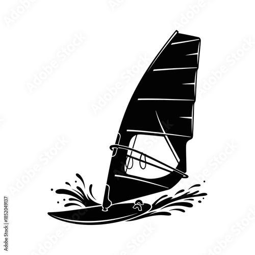 Windsurfing Board with Sail Dynamic Sharp Black Vector Silhouette