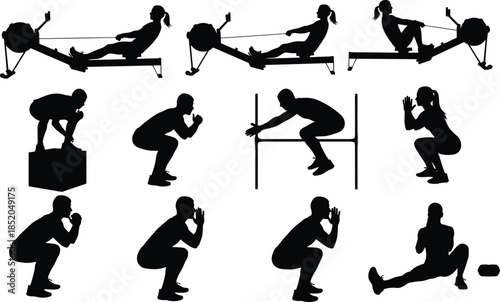 PrintFitness workout silhouette illustration, rowing squat jump vector graphic, exercise training design outline icon, athletic sport sketch art, healthy lifestyle pattern set