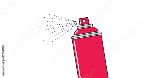 Red spray paint can in a tilted position spraying a mist of particles shown in a simple line art style on white.