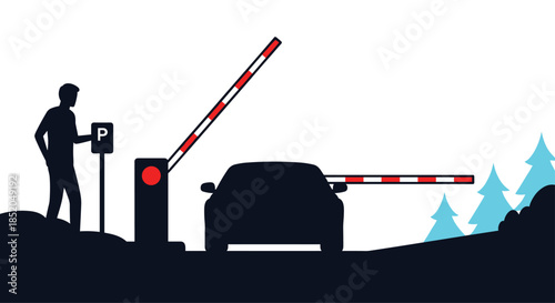 Silhouette illustration of a car park entrance with a raised barrier gate and a person standing near a parking sign.