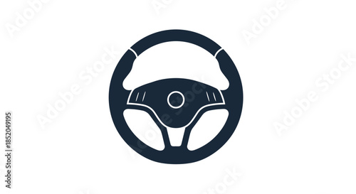 Solid black silhouette icon of a modern car steering wheel with button controls shown against a clean white background.