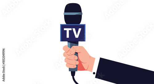 Hand in a business suit holding a professional microphone with a blue TV news logo against a clean white background.