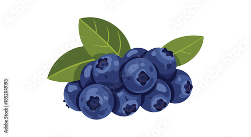 Realistic bunch of ripe blue blueberries with two green leaves attached to the stem against a plain white background.